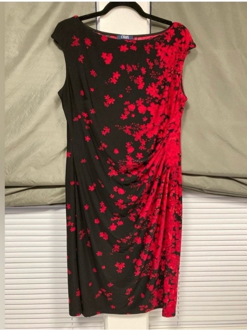Chaps Black and Red Floral Midi Dress with Side Ruching Size XL